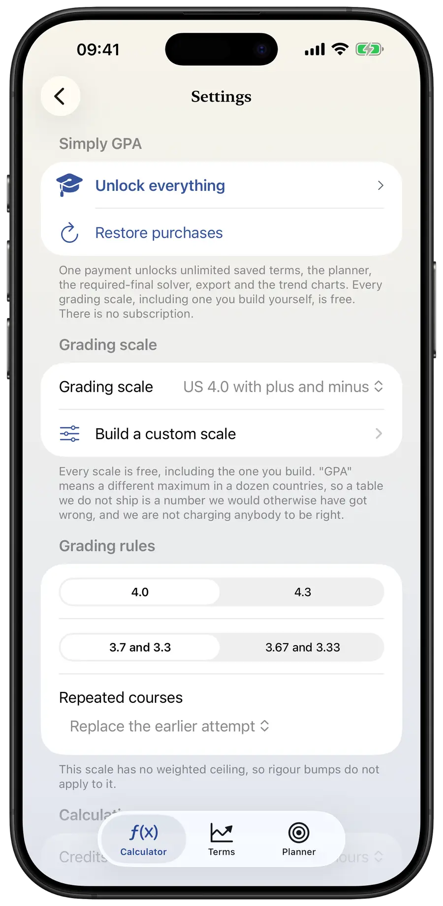 The Simply GPA settings screen showing the grading scale picker